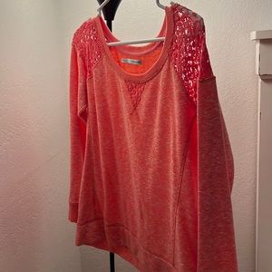 Maurices brand size large sweater. Lace shoulder cut outs. Coral color.